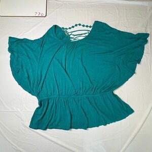 ING Teal Green Peplum Top Butterfly Sleeve Crochet Lace Back Cutout USA Made